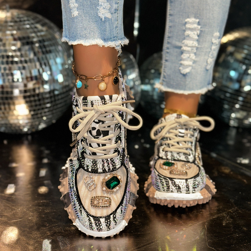 Pantofi sport casual respirabili cu incrustații de diamante pentru femei, pantofi de damă, la modă, de culoare potrivită, mărime mare