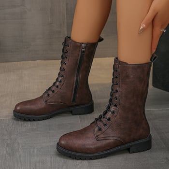 Cizme de damă cu toc mediu și gros, retro, de mărime mare, transfrontaliere, până la jumătatea gambei, pentru toc mediu, cu fermoar lateral și vârf rotund, pentru comerț exterior, 2025