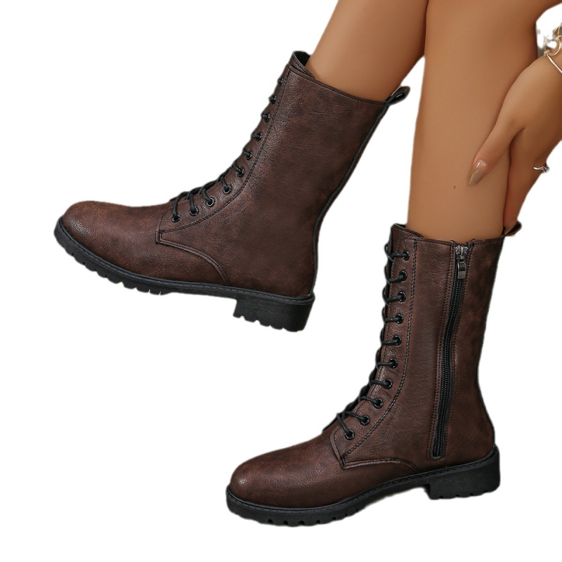 Cizme de damă cu toc mediu și gros, retro, de mărime mare, transfrontaliere, până la jumătatea gambei, pentru toc mediu, cu fermoar lateral și vârf rotund, pentru comerț exterior, 2025