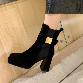 Cizme de damă cu toc gros și fund gros, toamna și iarna 2024, cizme scurte noi, cizme cu toc înalt, cizme mici pentru femei, impermeabile, cu platformă și cataramă, negre, la modă