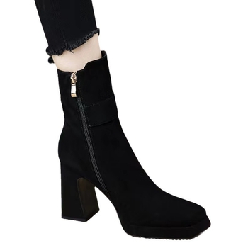Cizme de damă cu toc gros și fund gros, toamna și iarna 2024, cizme scurte noi, cizme cu toc înalt, cizme mici pentru femei, impermeabile, cu platformă și cataramă, negre, la modă