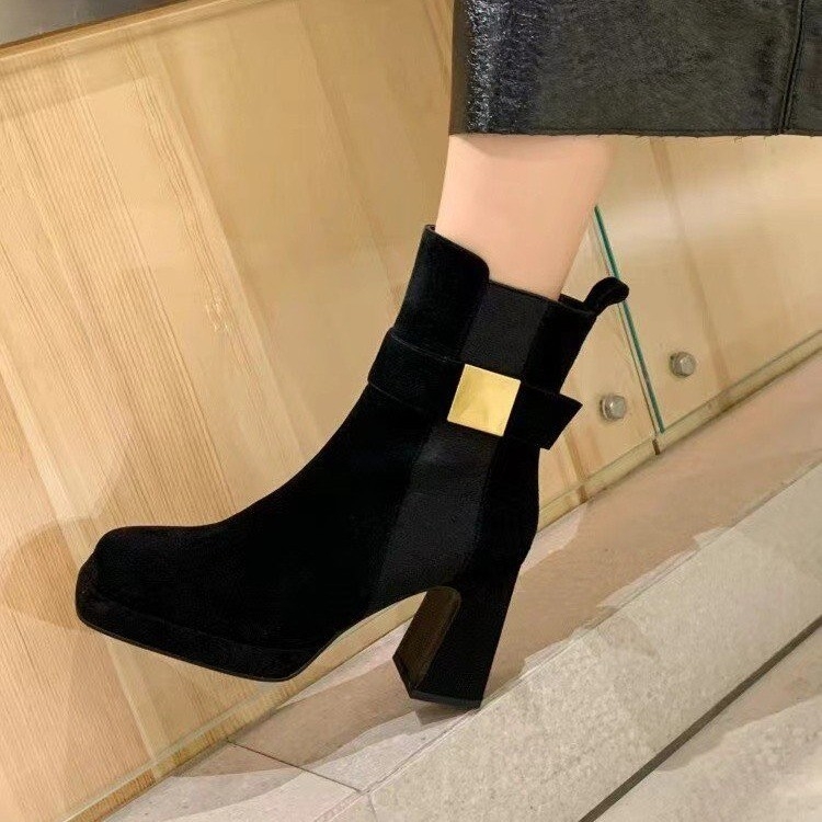 Cizme de damă cu toc gros și fund gros, toamna și iarna 2024, cizme scurte noi, cizme cu toc înalt, cizme mici pentru femei, impermeabile, cu platformă și cataramă, negre, la modă