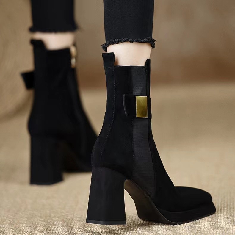 Cizme de damă cu toc gros și fund gros, toamna și iarna 2024, cizme scurte noi, cizme cu toc înalt, cizme mici pentru femei, impermeabile, cu platformă și cataramă, negre, la modă