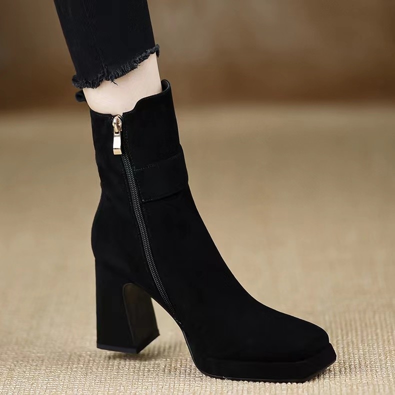 Cizme de damă cu toc gros și fund gros, toamna și iarna 2024, cizme scurte noi, cizme cu toc înalt, cizme mici pentru femei, impermeabile, cu platformă și cataramă, negre, la modă