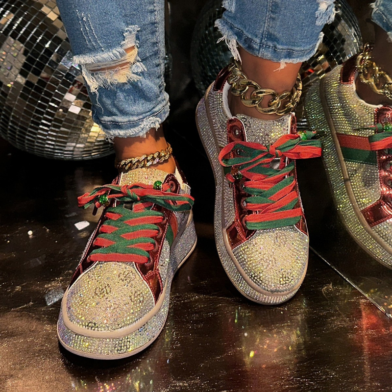 Pantofi sport casual cu talpă groasă, stil european, cu diamante complete, pentru femei, primăvara 2025, brodați cu două tonuri, cu șireturi, în stil european