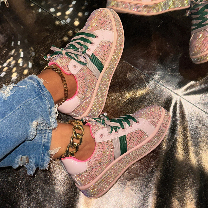Pantofi sport casual cu talpă groasă, stil european, cu diamante complete, pentru femei, primăvara 2025, brodați cu două tonuri, cu șireturi, în stil european