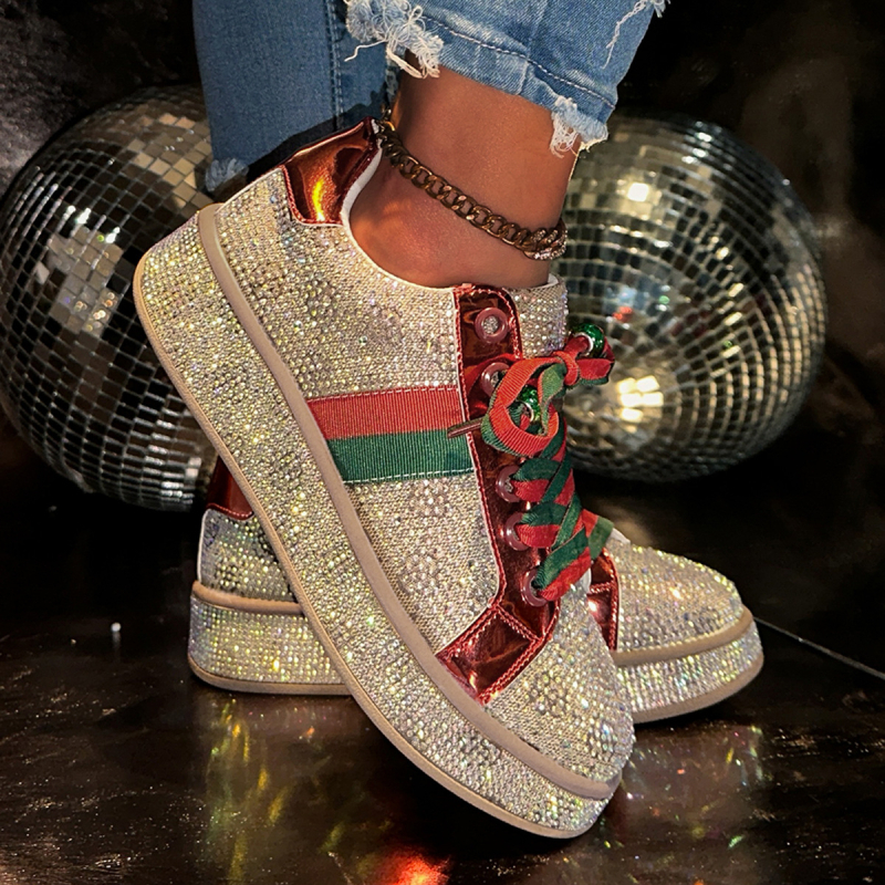 Pantofi sport casual cu talpă groasă, stil european, cu diamante complete, pentru femei, primăvara 2025, brodați cu două tonuri, cu șireturi, în stil european