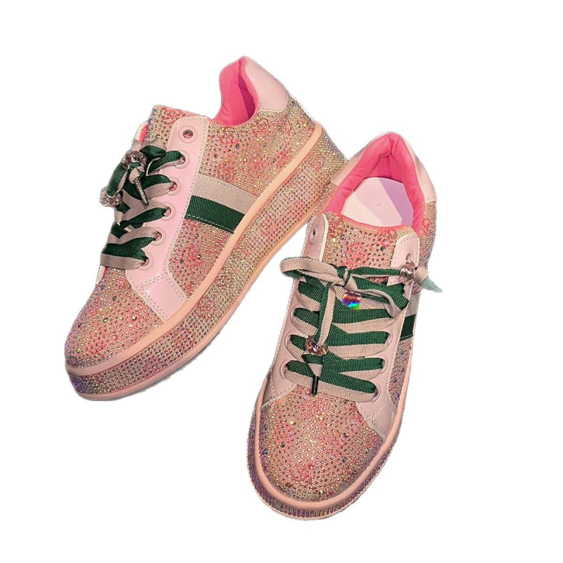 Pantofi sport casual cu talpă groasă, stil european, cu diamante complete, pentru femei, primăvara 2025, brodați cu două tonuri, cu șireturi, în stil european