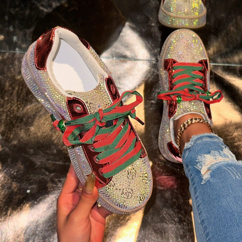 Pantofi sport casual cu talpă groasă, stil european, cu diamante complete, pentru femei, primăvara 2025, brodați cu două tonuri, cu șireturi, în stil european