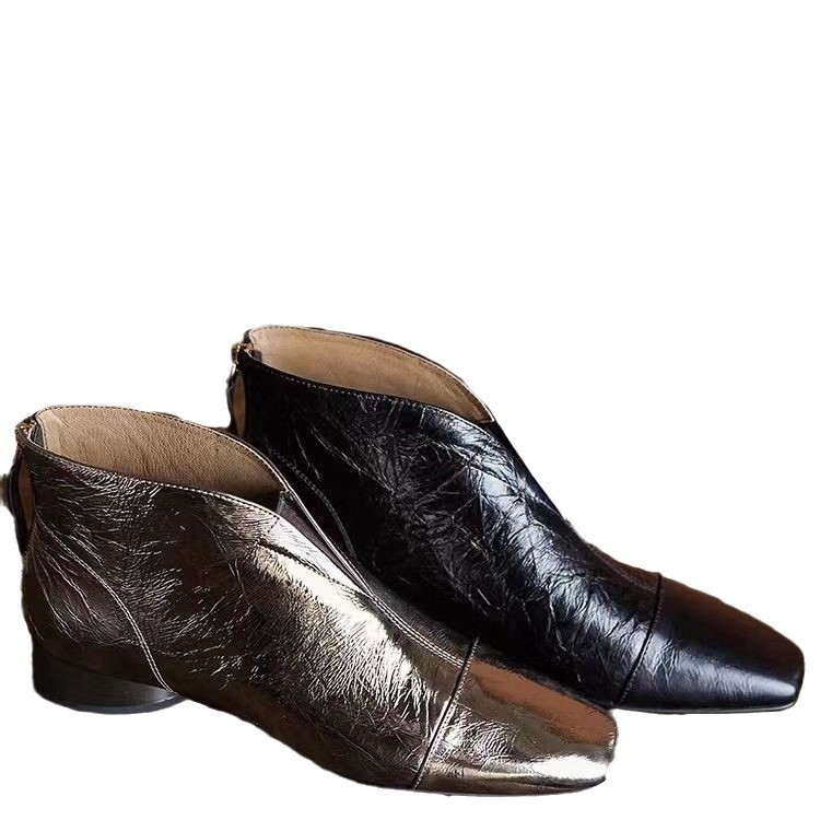 Minkštos odos, patogūs, kvadratiniai, žemo kulno, madingi moteriški aulinukai, 2024 m. žiemos nauji, prancūziški, trumpi aulinukai su užtrauktuku gale.