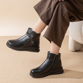 Pantofi de iarnă din piele naturală pentru mame, pantofi din bumbac, căptușiți cu fleece, îngroșați și caldi, pantofi de iarnă pentru vârste mijlocii, cizme plate antiderapante, Outlet de fabrică