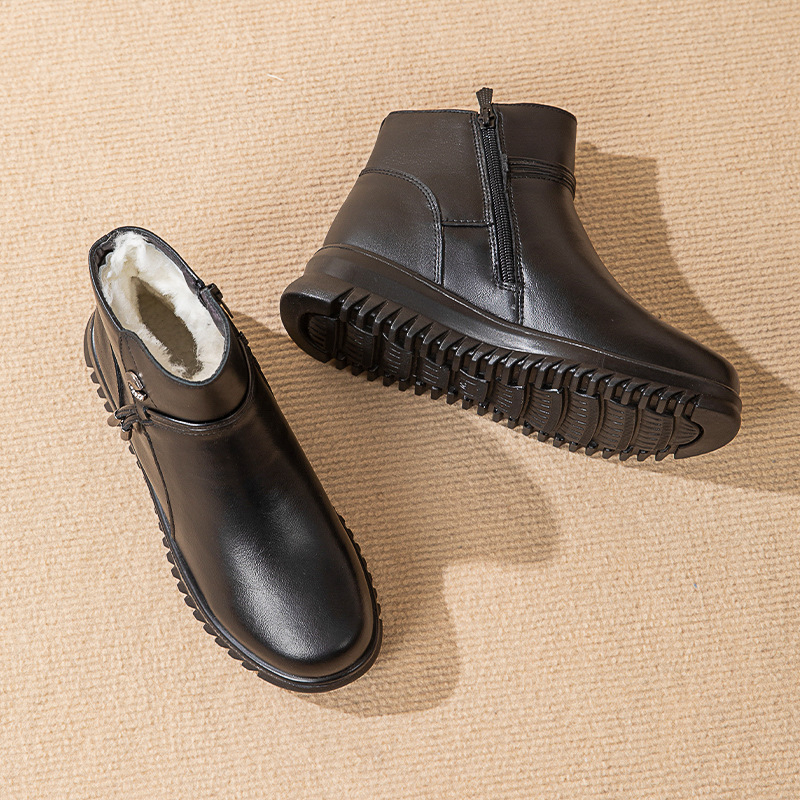 Pantofi de iarnă din piele naturală pentru mame, pantofi din bumbac, căptușiți cu fleece, îngroșați și caldi, pantofi de iarnă pentru vârste mijlocii, cizme plate antiderapante, Outlet de fabrică