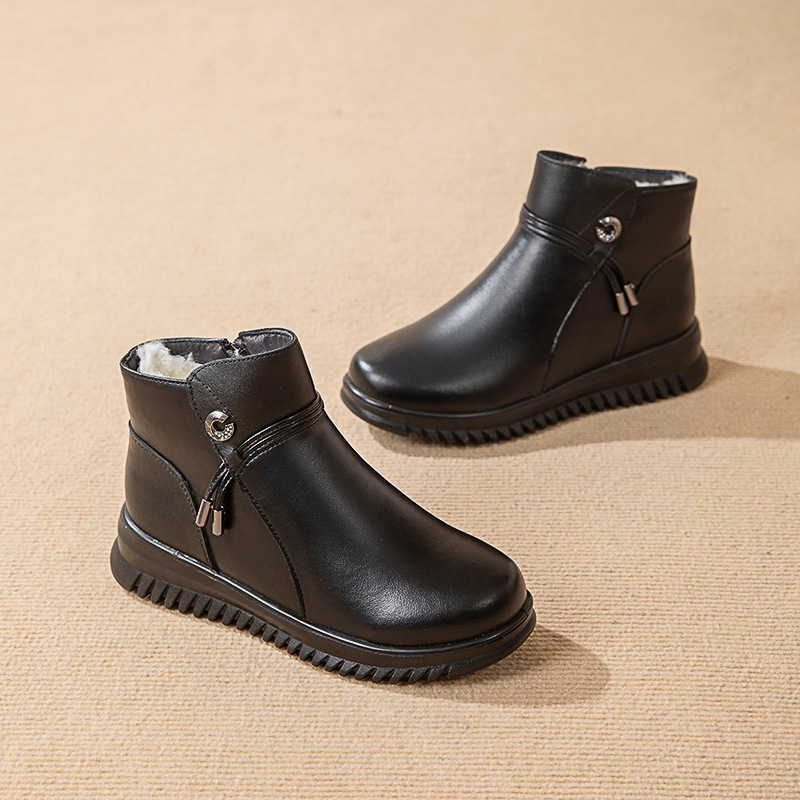 Pantofi de iarnă din piele naturală pentru mame, pantofi din bumbac, căptușiți cu fleece, îngroșați și caldi, pantofi de iarnă pentru vârste mijlocii, cizme plate antiderapante, Outlet de fabrică