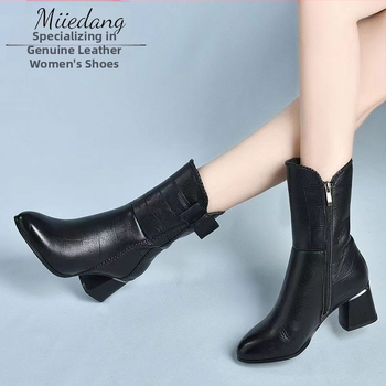 Ghete de damă în stil britanic 2023 toamna și iarna cu vârful ascuțit până la jumătatea gambei, fermoar lateral, toc gros, cizme Martin pentru femei cu fundă, en-gros