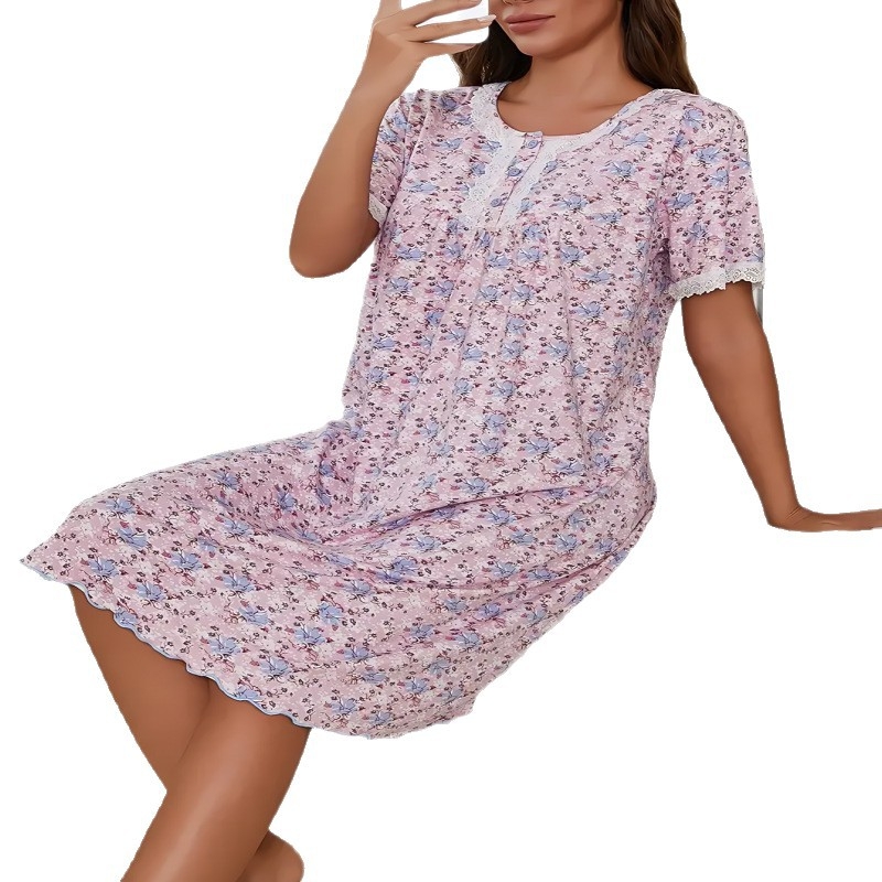 Cămașă de noapte subțire cu imprimeu floral pentru femei, vară 2025, țesătură florală țesută cu mânecă scurtă, pijamale de casă pentru mărimi mari, respirabilă