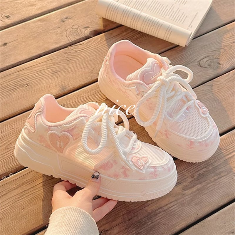 Pantofi albi de vară pentru femei, pantofi respirabili din plasă 2025 Pantofi de pâine roz cu talpă groasă și versatile, cu fuste și adidași sport