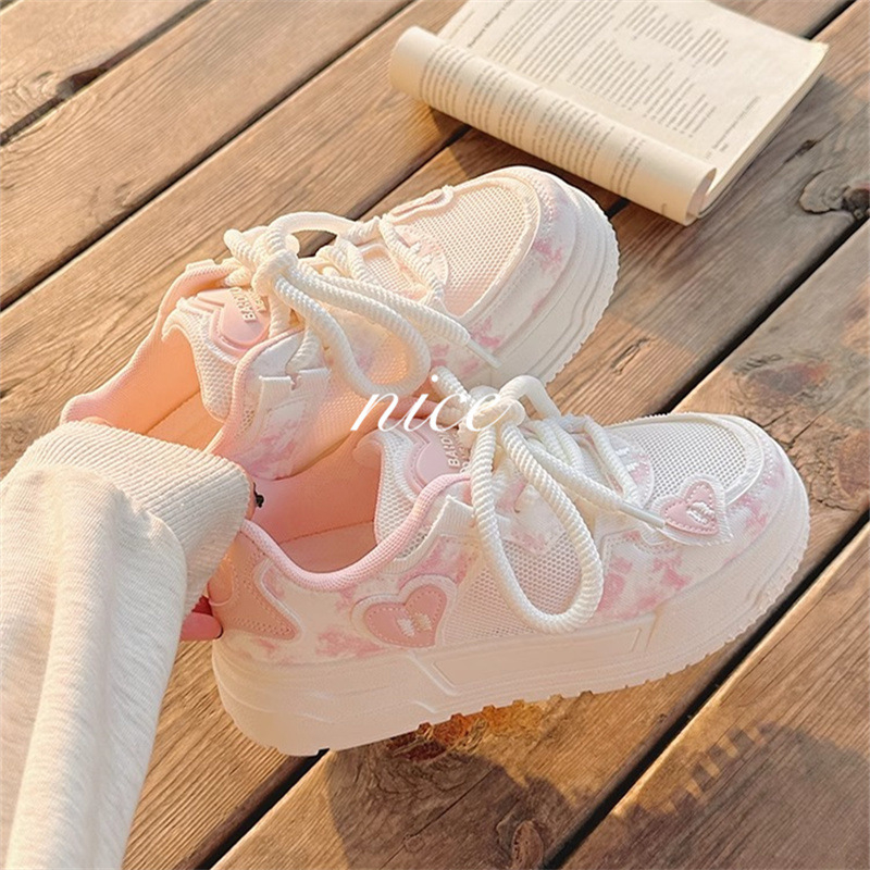 Pantofi albi de vară pentru femei, pantofi respirabili din plasă 2025 Pantofi de pâine roz cu talpă groasă și versatile, cu fuste și adidași sport