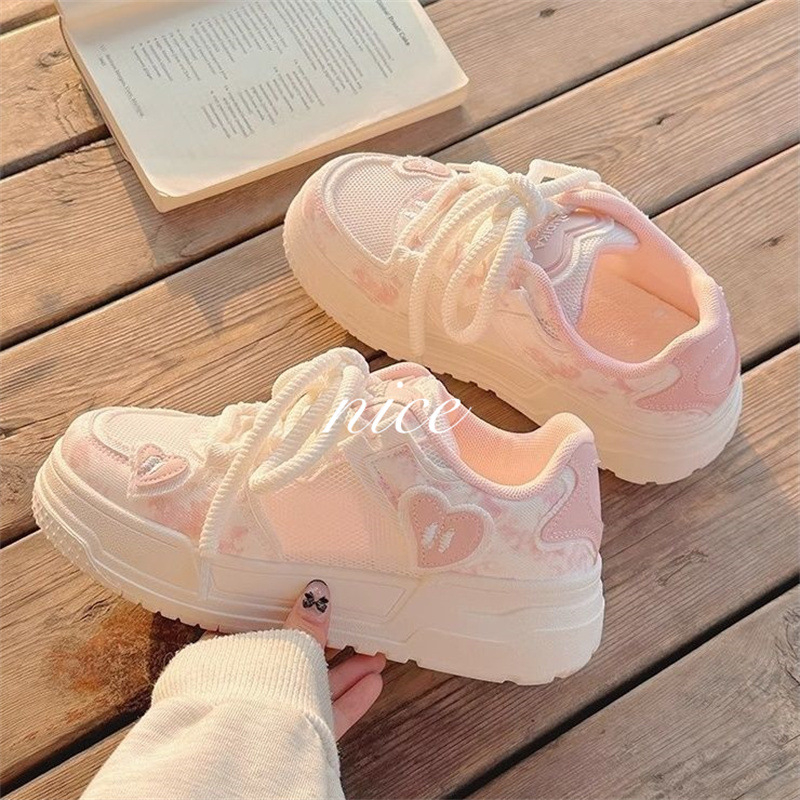 Pantofi albi de vară pentru femei, pantofi respirabili din plasă 2025 Pantofi de pâine roz cu talpă groasă și versatile, cu fuste și adidași sport