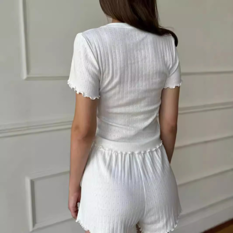 Costum casual european și american la modă, Jacquard, cu marginea urechii, slim-fit, elegant, cu guler rotund, pantaloni scurți cu mânecă scurtă, set din două piese pentru femei