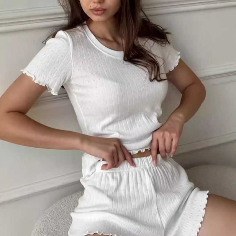 Costum casual european și american la modă, Jacquard, cu marginea urechii, slim-fit, elegant, cu guler rotund, pantaloni scurți cu mânecă scurtă, set din două piese pentru femei
