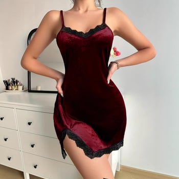 Rochie de noapte sexy din dantelă transfrontalieră europeană și americană, burgundă, cu bretele, slăbire, cu crăpături, sexy, care acoperă șolduri