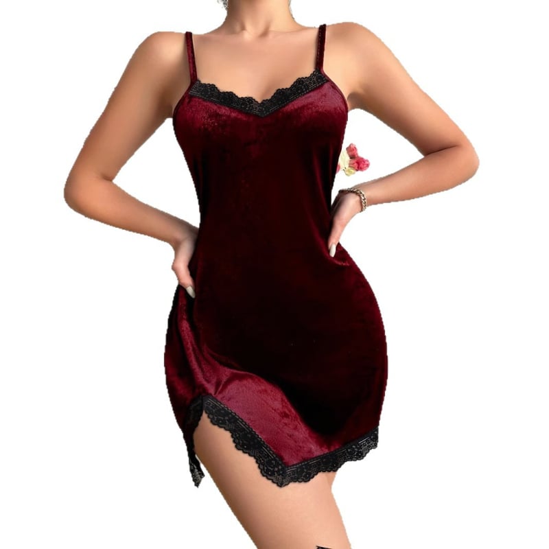 Rochie de noapte sexy din dantelă transfrontalieră europeană și americană, burgundă, cu bretele, slăbire, cu crăpături, sexy, care acoperă șolduri
