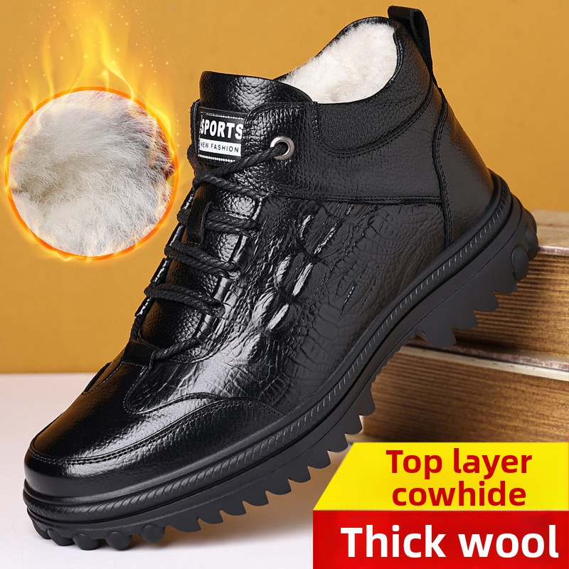 Esimese kihi loomanahast villast lumesaapad meeste talvised ehtsast nahast fliisvoodriga soojad nahkkingad kõrge säärega karusnahaga integreeritud meeste puuvillased kingad