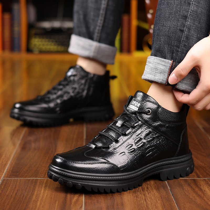 Esimese kihi loomanahast villast lumesaapad meeste talvised ehtsast nahast fliisvoodriga soojad nahkkingad kõrge säärega karusnahaga integreeritud meeste puuvillased kingad