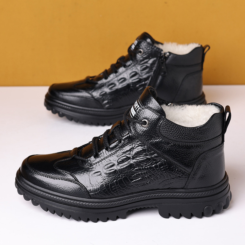 Esimese kihi loomanahast villast lumesaapad meeste talvised ehtsast nahast fliisvoodriga soojad nahkkingad kõrge säärega karusnahaga integreeritud meeste puuvillased kingad