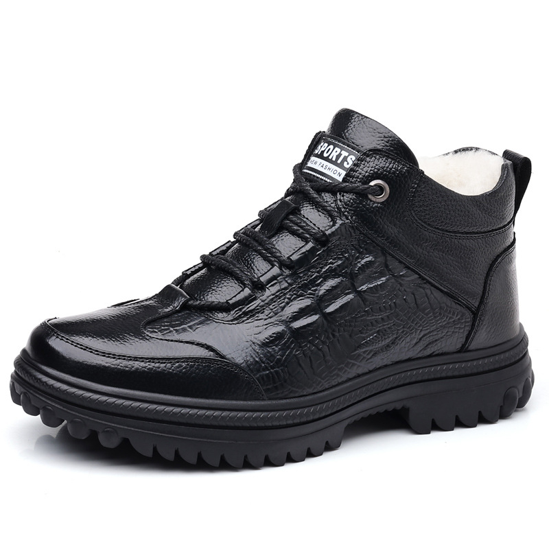 Esimese kihi loomanahast villast lumesaapad meeste talvised ehtsast nahast fliisvoodriga soojad nahkkingad kõrge säärega karusnahaga integreeritud meeste puuvillased kingad