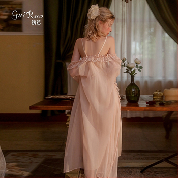 Ruiruo Άνοιξη και Καλοκαίρι Νέο Στυλ Μακρύ Νυχτικό Γλυκό και Όμορφο Φόρεμα Ύπνου με Τιράντες και Ανοιχτό Πουκάμισο, Γυναικείο Σετ Σπιτιού P2802