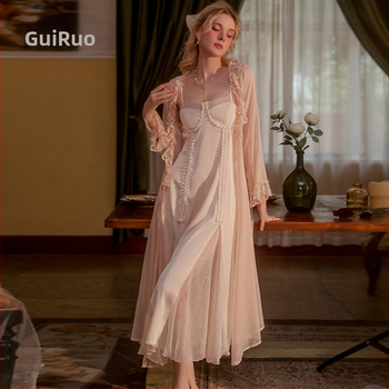 Ruiruo Άνοιξη και Καλοκαίρι Νέο Στυλ Μακρύ Νυχτικό Γλυκό και Όμορφο Φόρεμα Ύπνου με Τιράντες και Ανοιχτό Πουκάμισο, Γυναικείο Σετ Σπιτιού P2802