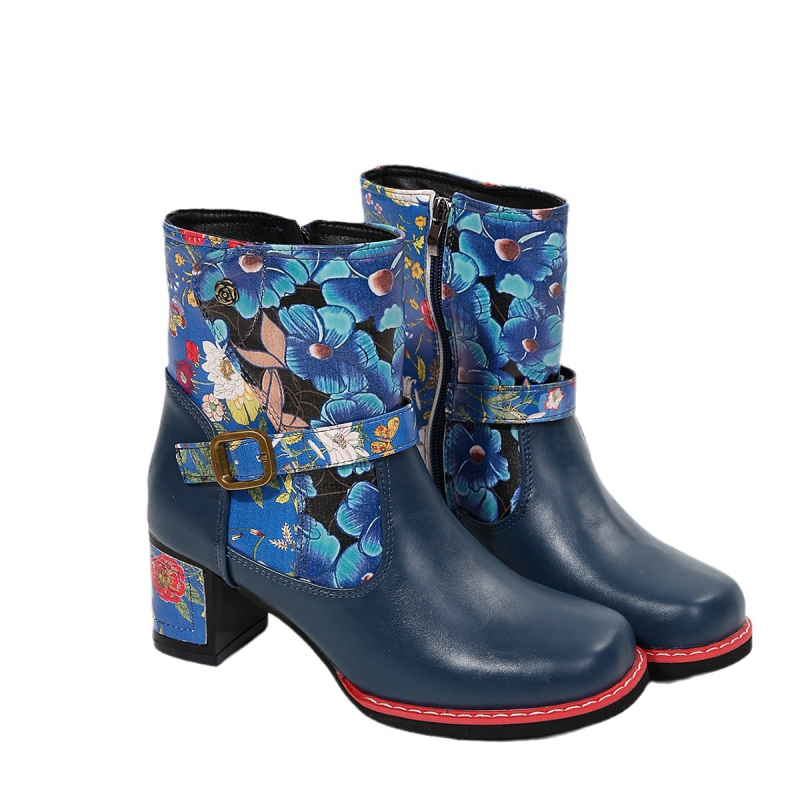 Cizme scurte pentru femei, cu imprimeu textil, cusături, vârf rotund, talpă groasă, toc gros, toc înalt, cu șireturi în față, Brock, cizme de cavalerie din dantelă pentru femei