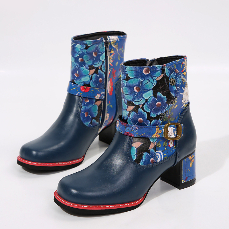 Cizme scurte pentru femei, cu imprimeu textil, cusături, vârf rotund, talpă groasă, toc gros, toc înalt, cu șireturi în față, Brock, cizme de cavalerie din dantelă pentru femei