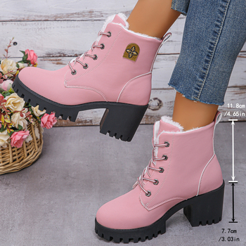 σε απόθεμα 35-42 Μοντέρνες Μπότες 2024 Χειμώνας Νέες Ζεστές Μπότες με Φλις Επένδυση και Χοντρό Τακούνι Γυναικεία Παπούτσια Martins με Δέσιμο Μπροστά