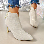 Νέες μπότες με ψηλοτάκουνα και μυτερό φιόγκο για φθινόπωρο και χειμώνα, κοντές μπότες, μοντέρνες γυναικείες μπότες αστραγάλου με λεπτό τακούνι, λεπτές μπότες με φλις επένδυση