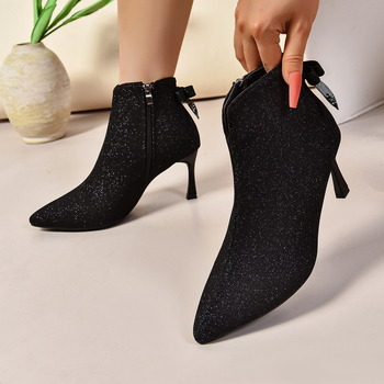 Νέες μπότες με ψηλοτάκουνα και μυτερό φιόγκο για φθινόπωρο και χειμώνα, κοντές μπότες, μοντέρνες γυναικείες μπότες αστραγάλου με λεπτό τακούνι, λεπτές μπότες με φλις επένδυση