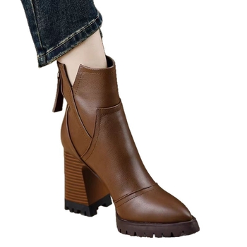 Brit retró magas sarkú, hátul cipzáras, rövid csizma nőknek 2025 őszi és téli új, puha bőr, egyszerű, vastag sarkú, divatos csizma