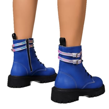 Cizme de toamnă și de iarnă cu vârful rotund și talpă groasă, toc gros, toc mediu, cataramă cu curea, cizme Chelsea cu dantelă frontală, culoare pură, pantofi din bumbac cald