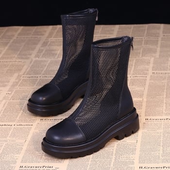 Cizme din plasă, Cizme, Cizme scurte la modă pentru femei, Cizme cu platformă în stil coreean, Cizme de damă cu decupaj din plasă respirabilă, Tocuri înalte