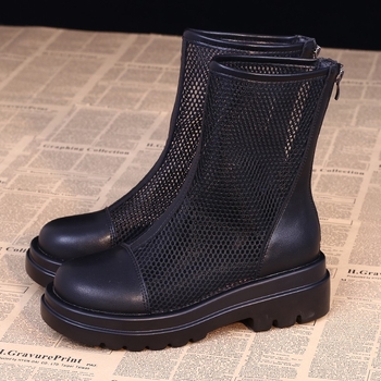 Cizme din plasă, Cizme, Cizme scurte la modă pentru femei, Cizme cu platformă în stil coreean, Cizme de damă cu decupaj din plasă respirabilă, Tocuri înalte