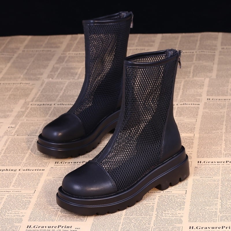 Cizme din plasă, Cizme, Cizme scurte la modă pentru femei, Cizme cu platformă în stil coreean, Cizme de damă cu decupaj din plasă respirabilă, Tocuri înalte