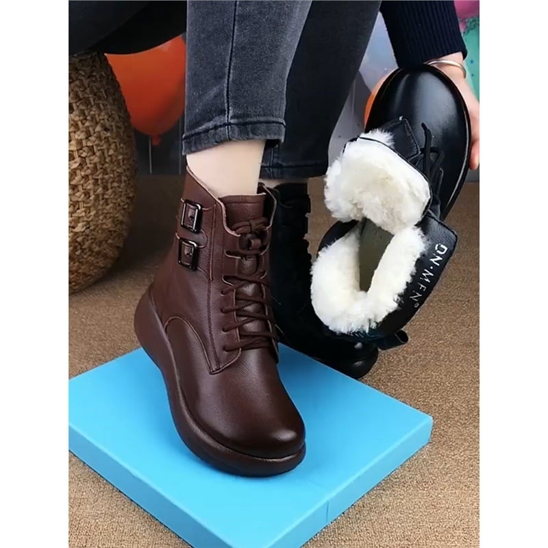 Cizme de zăpadă din piele naturală din lână pentru femei, cizme de iarnă cu căptușeală din fleece, talpă groasă, calde, antiderapante, din bumbac, pantofi mari din bumbac din nord-est