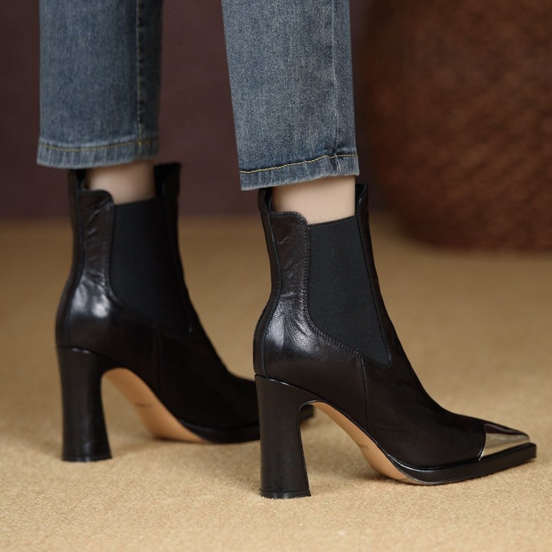 Cizme elegante cu toc gros și cap metalic, Martin, pentru femei, toamna și iarna 2025, cizme noi cu toc înalt și elastice, pentru mijloc