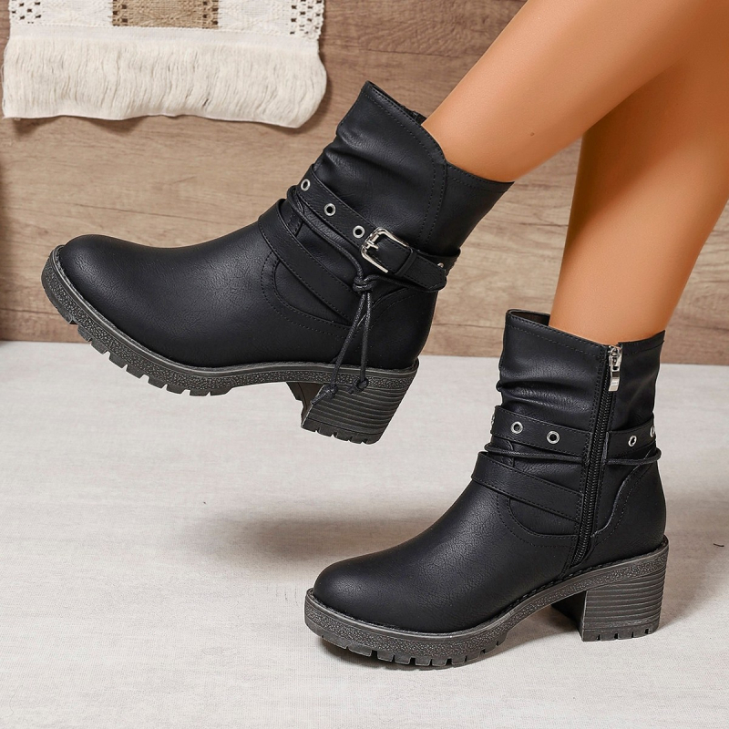 Nove ženske kaubojske čizme s visokom petom do sredine teleta u zapadnom stilu iz 2025., nove retro čizme s debelom petom i kopčom za remen, modne čizme