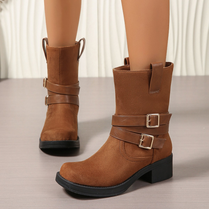 Nove ženske kaubojske čizme s visokom petom do sredine teleta u zapadnom stilu iz 2025., nove retro čizme s debelom petom i kopčom za remen, modne čizme