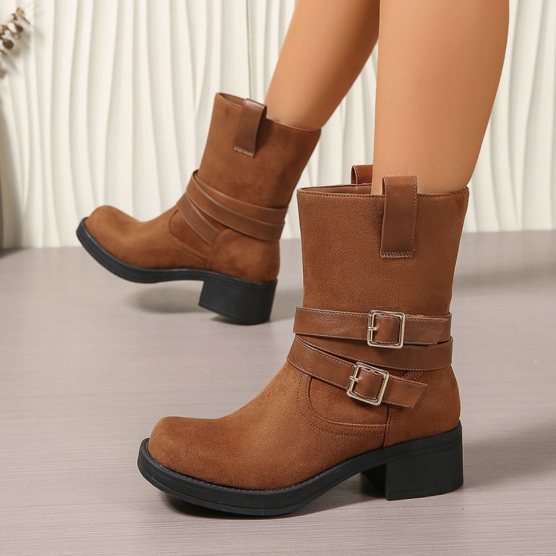 Nove ženske kaubojske čizme s visokom petom do sredine teleta u zapadnom stilu iz 2025., nove retro čizme s debelom petom i kopčom za remen, modne čizme