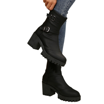 Cizme scurte cu toc gros, mărime mare, transfrontaliere, pentru femei, modele noi de toamnă și iarnă, stil european și american pentru comerț exterior, curea simplă cu cataramă metalică, cizme scurte cu talpă groasă
