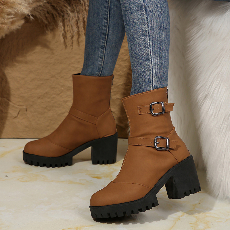 Cizme scurte cu toc gros, mărime mare, transfrontaliere, pentru femei, modele noi de toamnă și iarnă, stil european și american pentru comerț exterior, curea simplă cu cataramă metalică, cizme scurte cu talpă groasă