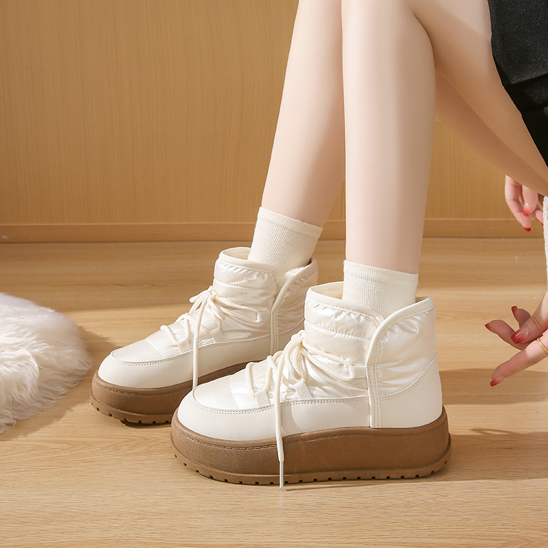 Cizme de zăpadă înalte cu căptușeală din fleece pentru studente, iarna 2024, pantofi casual coreeni din bumbac cald K2905